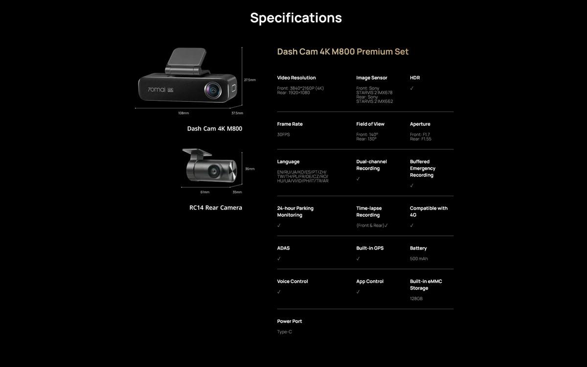 70mai M800 Dash Cam 128GB + RC14 - set - Slika 11